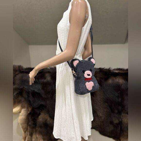 Gray Teddy Bear Purse, Handmade Colorblock Real Shearling Crossbody/Phone Pouch - Picture 7 of 16